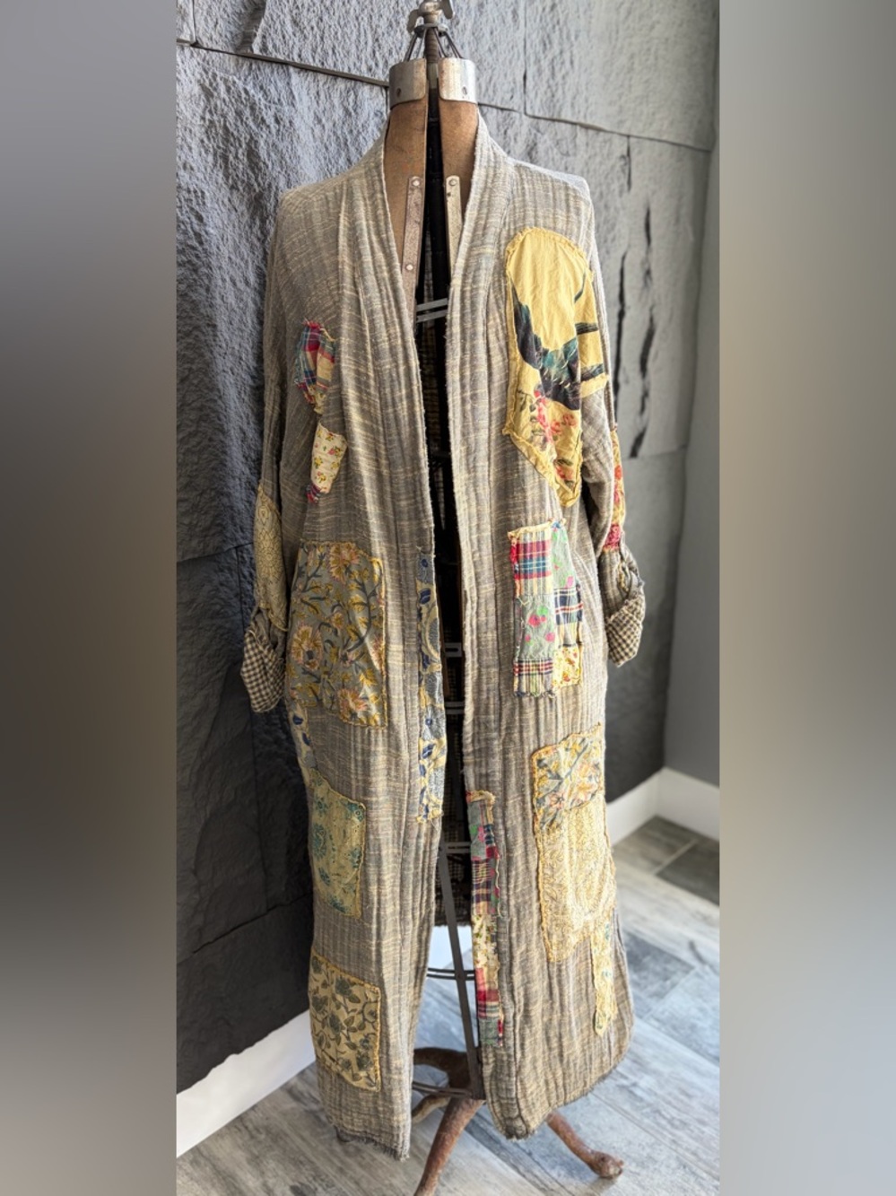 A rare bird Patchwork Long Open Cardigan in Taupe and Yellow